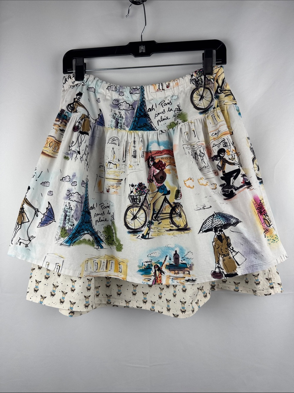 Handmade Skirt Whimsical Paris Sketch & Chihuahua Dog Print Layered Size M